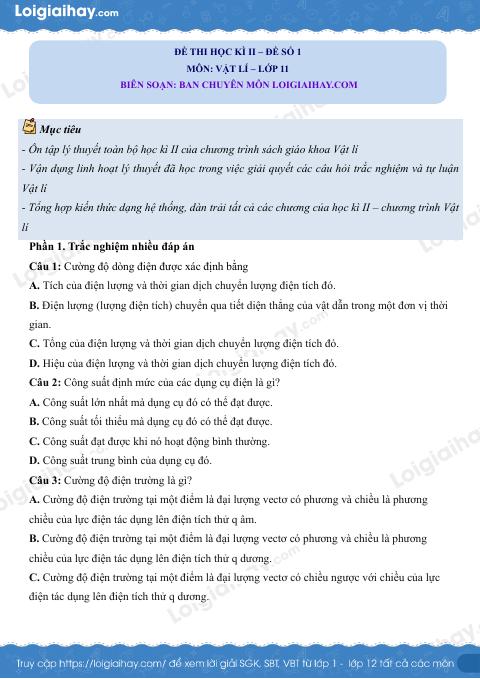 Đề thi học kì 2 Vật lí 11 Chân trời sáng tạo - Đề số 1